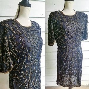 1980s Black and Gold Beaded Dress || Keyhole || Large
